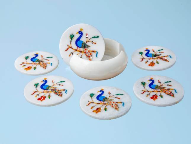 peacock-carved-design-marble-coaster- 6-pieces-set